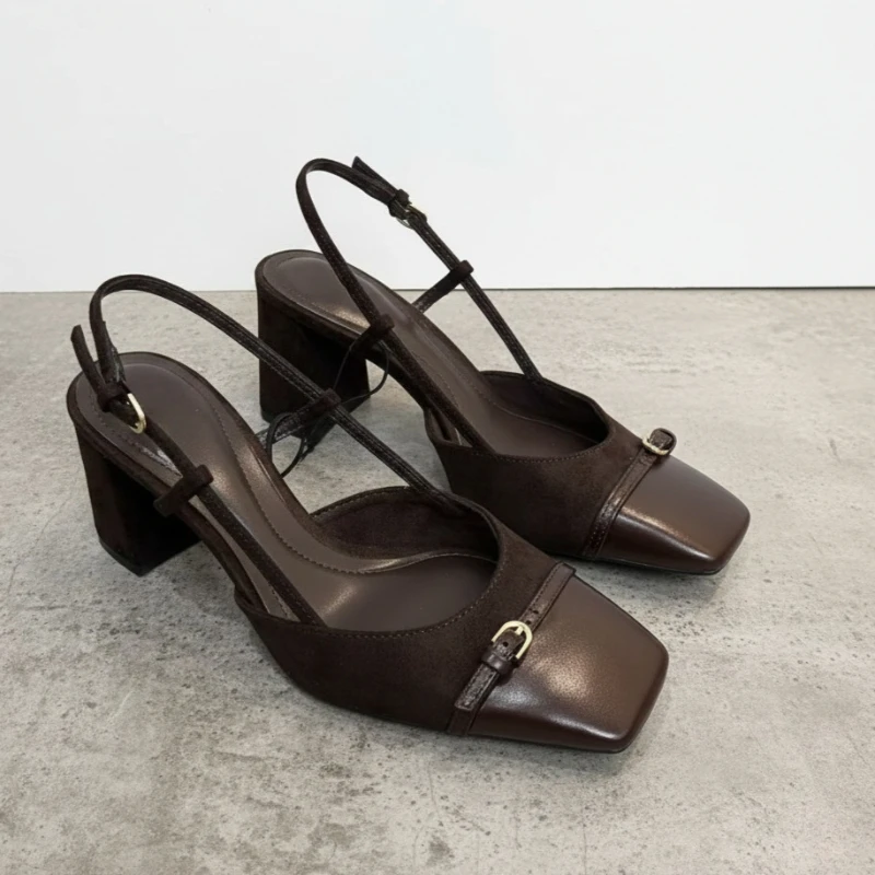 

Brown Suede Leather Square Toe Slingback Pumps for Women, Elegant Block Heels with Metal Buckle Vintage Party Office Dress Shoes