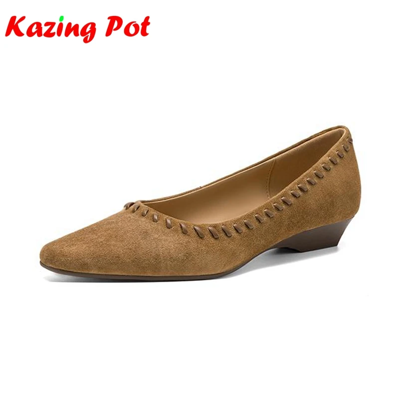 

Туфли-лодочки Krazing Pot 2026 из овечьей замши с квадратным носком на низком каблуке, весенне-осенние, с бисером, в стиле преппи, на швейной подошве, без застежек, женские