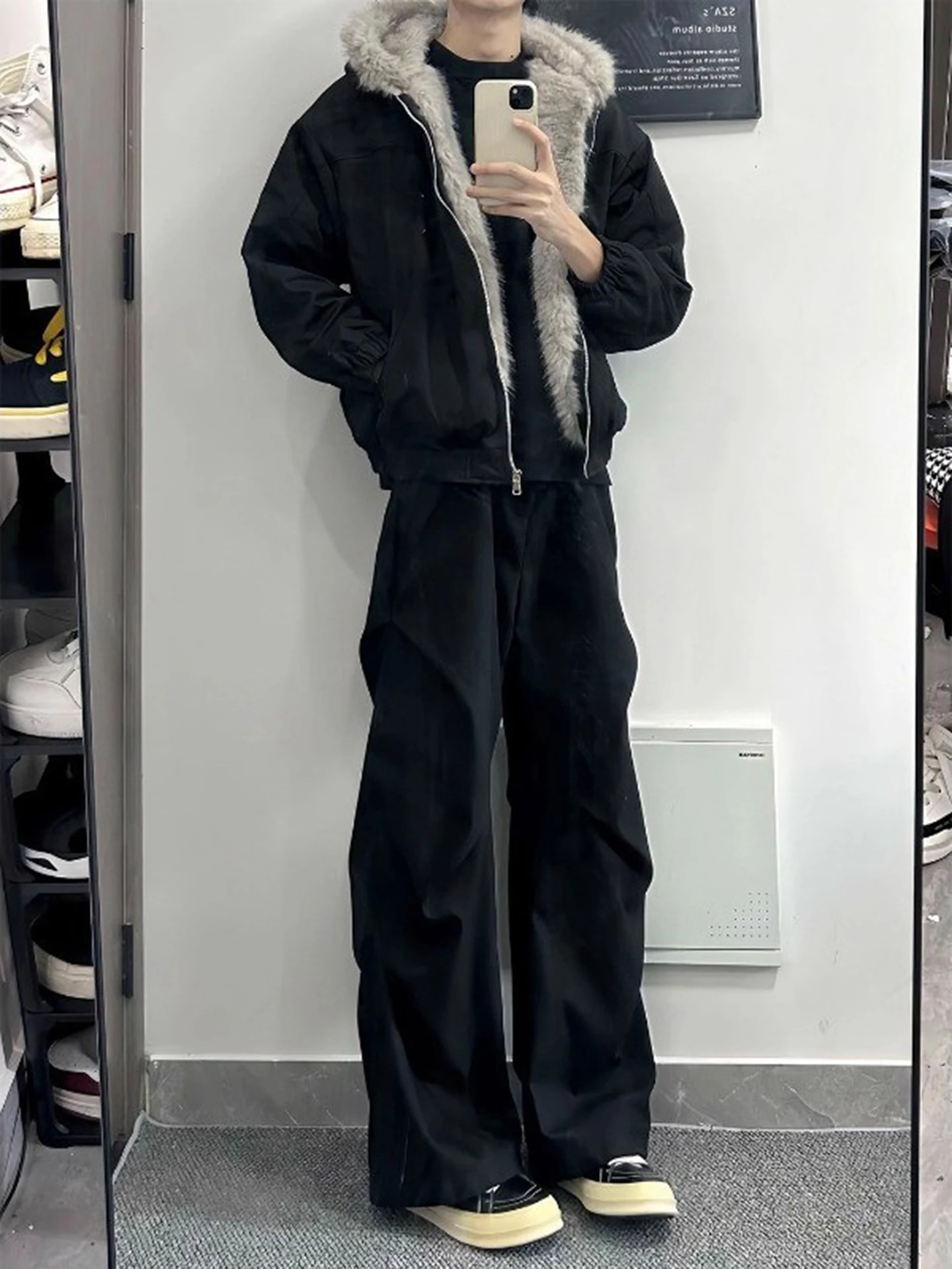 

Cleanfit Men's Casual Wide Leg Pants Autumn Winter Fleece Lined Pleated Dress Pants Classic Style Polyester Fiber Long Trousers