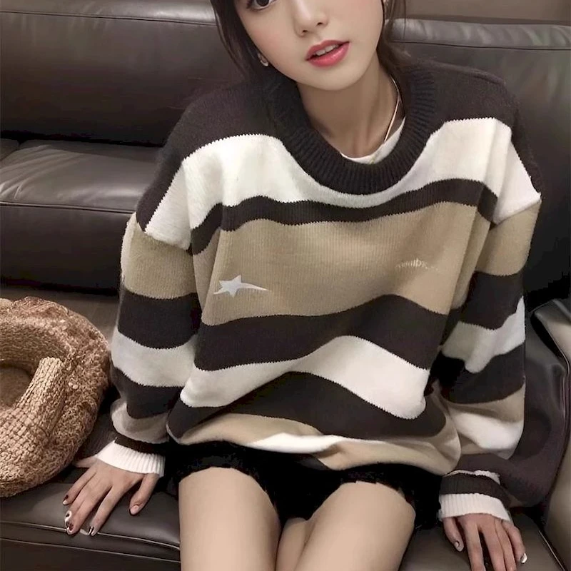 Harajuku Vintage Striped Oversized Sweaters Women 2024 Autumn Winter Korean Casual Loose Knitted Pullover Female Jumper Y2k Tops