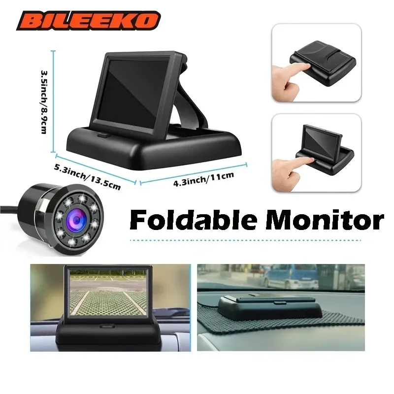 طقم احتياطية للشاشة قابلة للطي من Bileeko - كاميرا الرؤية الخلفية للسيارة LED للرؤية الليلية لوقوف السيارات #3