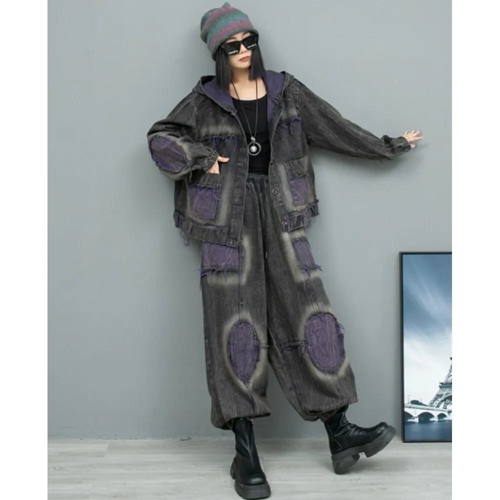 

Personalized Trendy Fashion Outfit Women 2024 Autumn Splicing Vintage Denim Hooded Jacket + Long Pant Two Piece Set ZF246