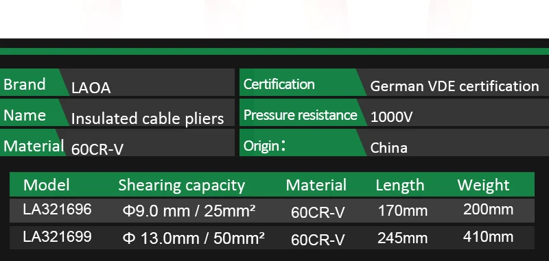 LAOA Isolierte Kabelschneidezange 1000V VDE 6"/8"/10" 60CR-V Hochleistungs-Drahtschneider Elektrikerwerkzeug – Detail 6