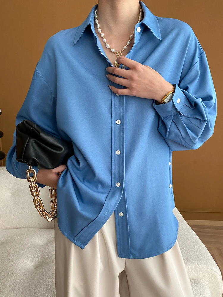 

Women Blue Big Size Irregular Button Casual Blouse New Lapel Long Sleeve Shirt Fashion Tide Spring Autumn X763