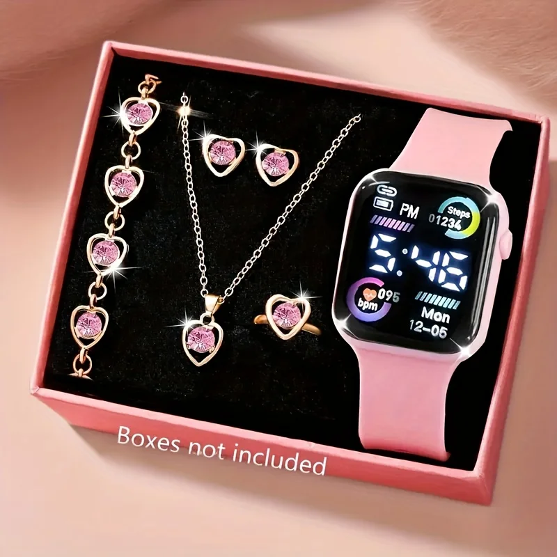 2026 New set of fashion electronic watch necklace earrings ring set for teenagers boys and girls, the best choice for frien