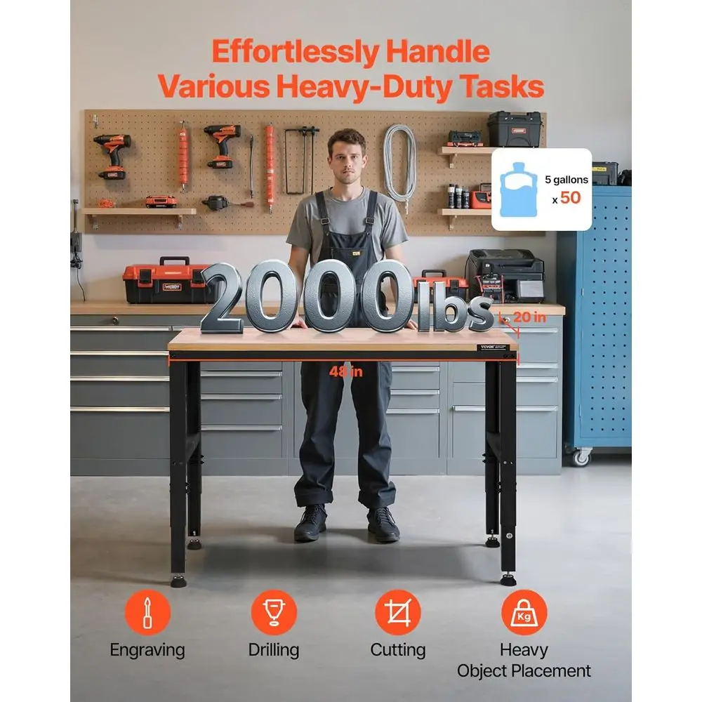 Bancada de trabalho ajustável, banco de trabalho resistente de 48 x 20 polegadas com ajuste de altura de 28,5-38,3 polegadas, bancada de garagem com acidade de 2.000 libras