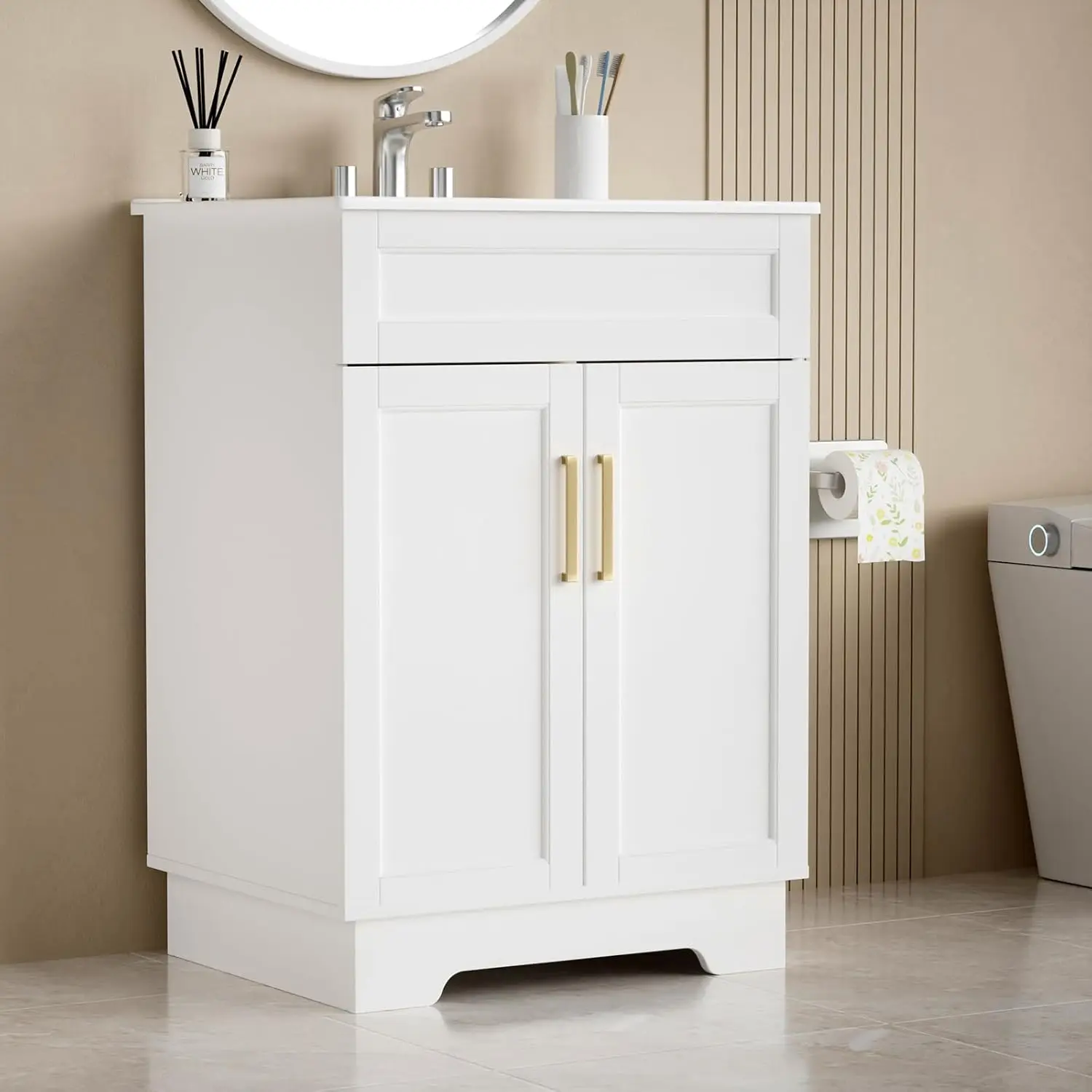 Vanity da bagno con lavabo in ceramica, mobiletto da bagno con 2 ante, mobiletto da bagno in legno da 24 pollici, bianco