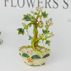 SHINNYGIFTS Feng Shui Chinese Lucky Money Tree Trinket Box Enameled Green Lucky Tree Hangs Lucky Pearls Decoration for Tabletop