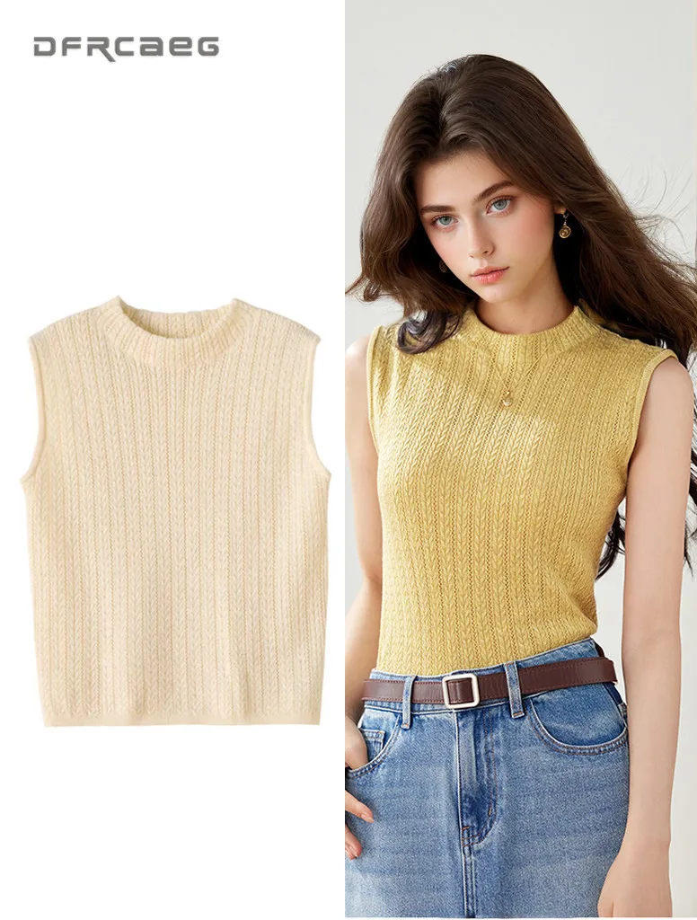 

Hot Sale Women's Knit Sleeveless Vest Summer Casual Stretchy Bodycon Hollow Jacquard Fitted Casual Top Lady