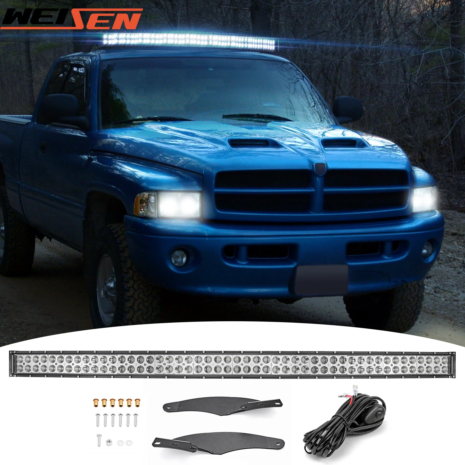 

52" Curved LED Light Bar Roof +Mounting Bracket+Wiring Harness with Universal Switch for 1994-2001 Dodge Ram 1500/2500 Models