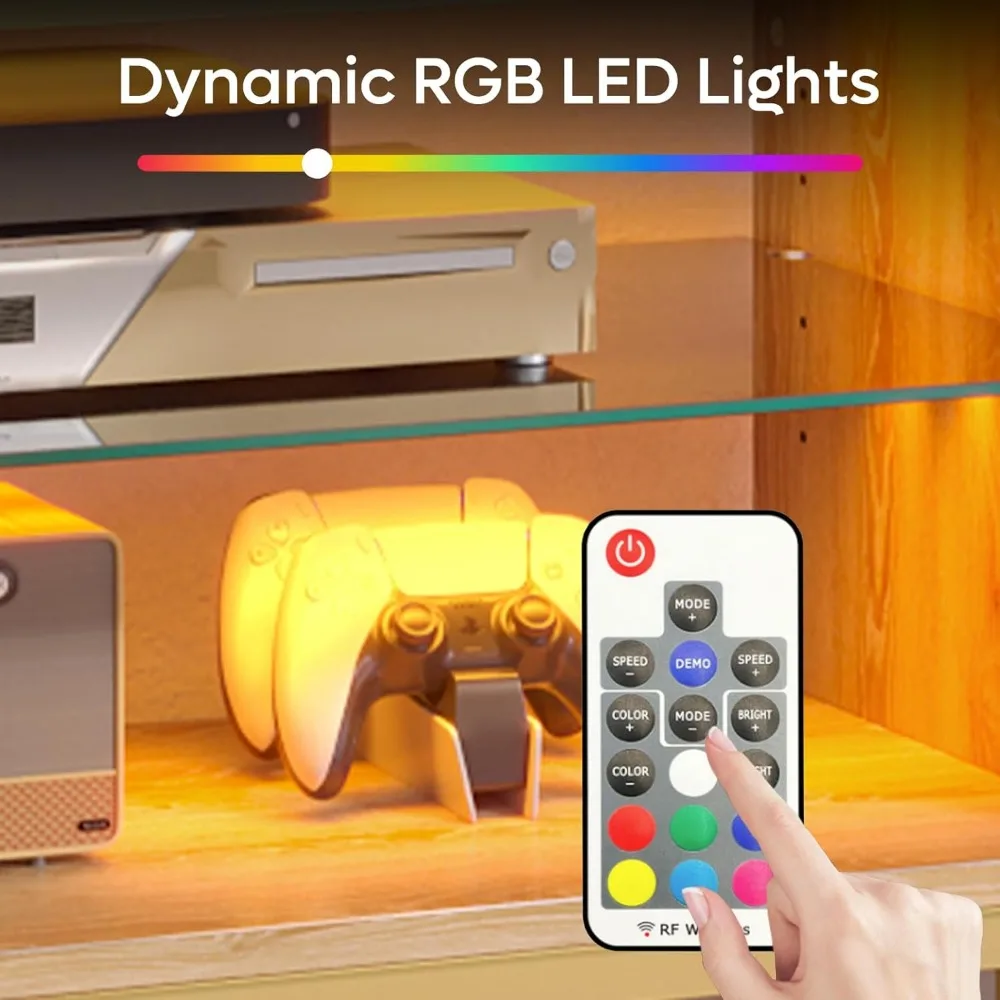 Suporte de TV de vime natural de 80 polegadas com armazenamento para TV de 85 polegadas, centro de entretenimento moderno 4 em 1 de meados do século com luzes LED,