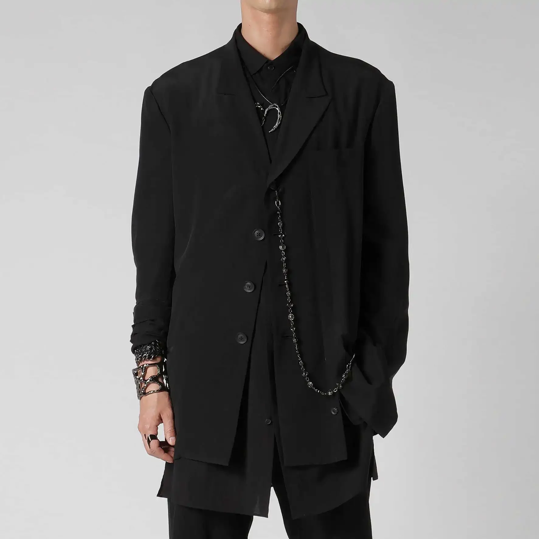 

YOJI OOAK японский оригинальный шелковый пиджак на пуговицах с плечами, черный однобортный костюмный воротник, топ для мужчин