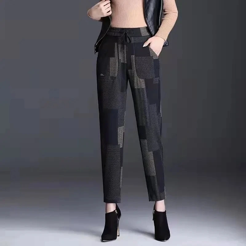 

Contrast Color Woolen Pants Women High Waist Straight Casual Fleece Trousers Autumn Winter Harajuku Nine Points Harem Pantalons