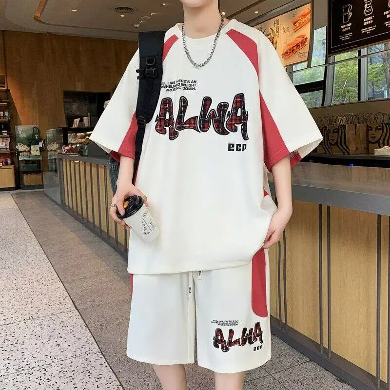 2024 Summer Men's Sets Korean Fashion Two Piece Set Tracksuit Men Trend Men Clothing Joggers Set T Shirt+Shorts Outfit Set Men