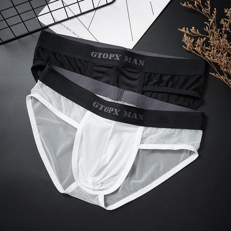 Men\'s Ice Silk Sexy Underwear Mid Rise Briefs Seamless Breathable Mesh Panties Translucent Undies Ultra-thin U Pouch Underpants