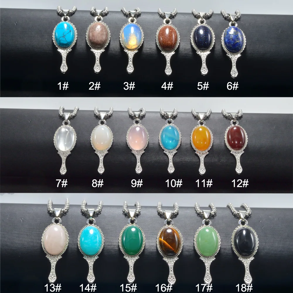 Mirror Pendant Stone Pendant Necklace for Women Men Crystal Quartz Jewelery Accessories Charms Lover Gift Opal Agate Labradorite