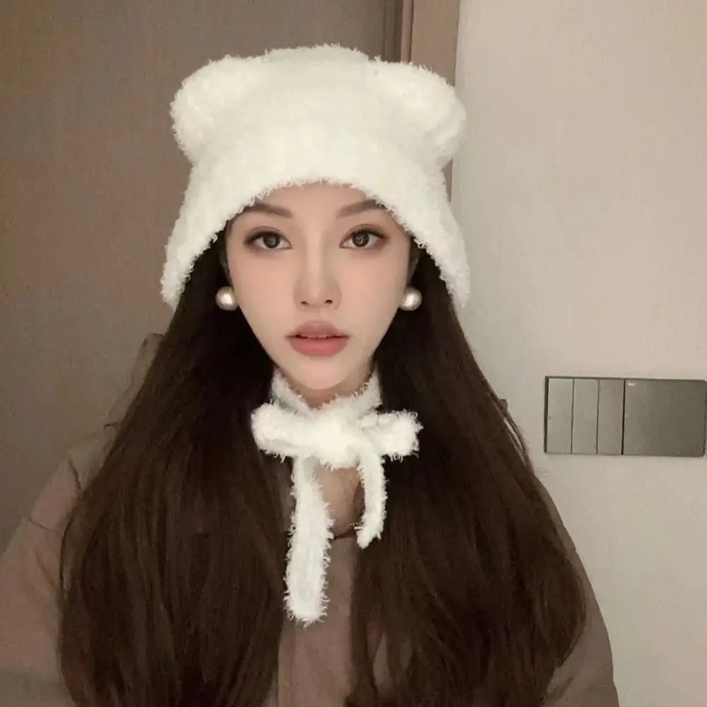 Cute Japanese Niche Knitted Cap Long Strap Winter Beanie Hat Autumn Y2K Ear Protection Hat Girl