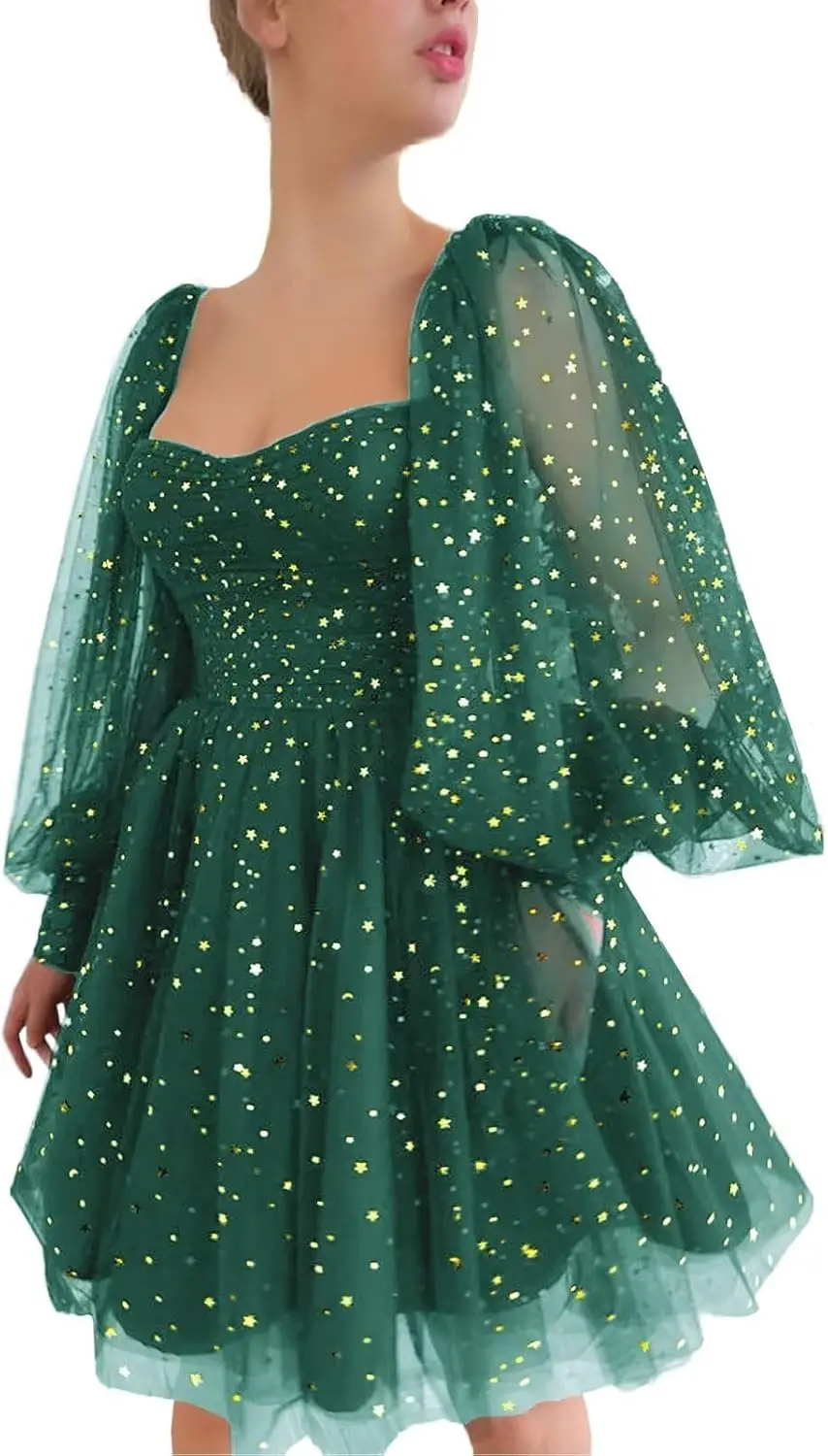 

Back To School Dress for Teenagers,Sparkling Sequin Fluffy Sleeves,Star Shaped Chiffon Dance Party,Birthday Graduation MiniDress