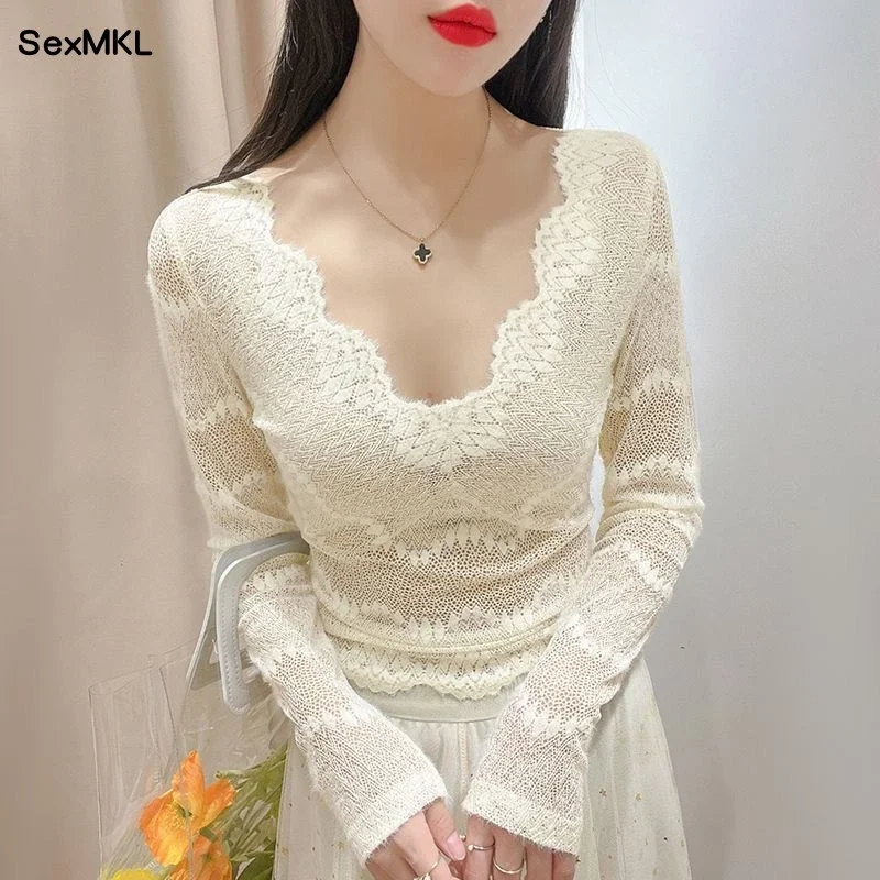 Deep V Neck Summer Lace Blouses 2024 Korean Fashion Clothes White Black Blusas Mujer Sexy Hollow Out Streetwear Long Sleeve Tops