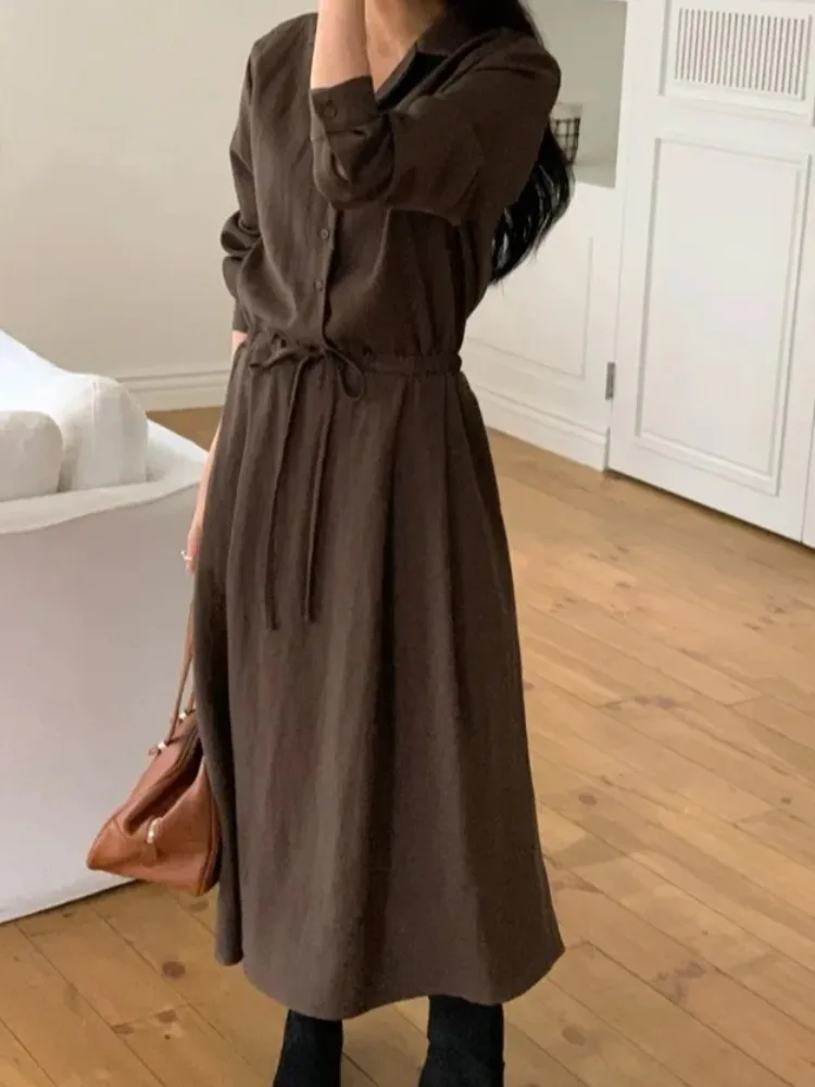 Coreano sle outono chá break irt dr feminino elely sob medida cintura-conchatável versátil com cinto terno colarinho