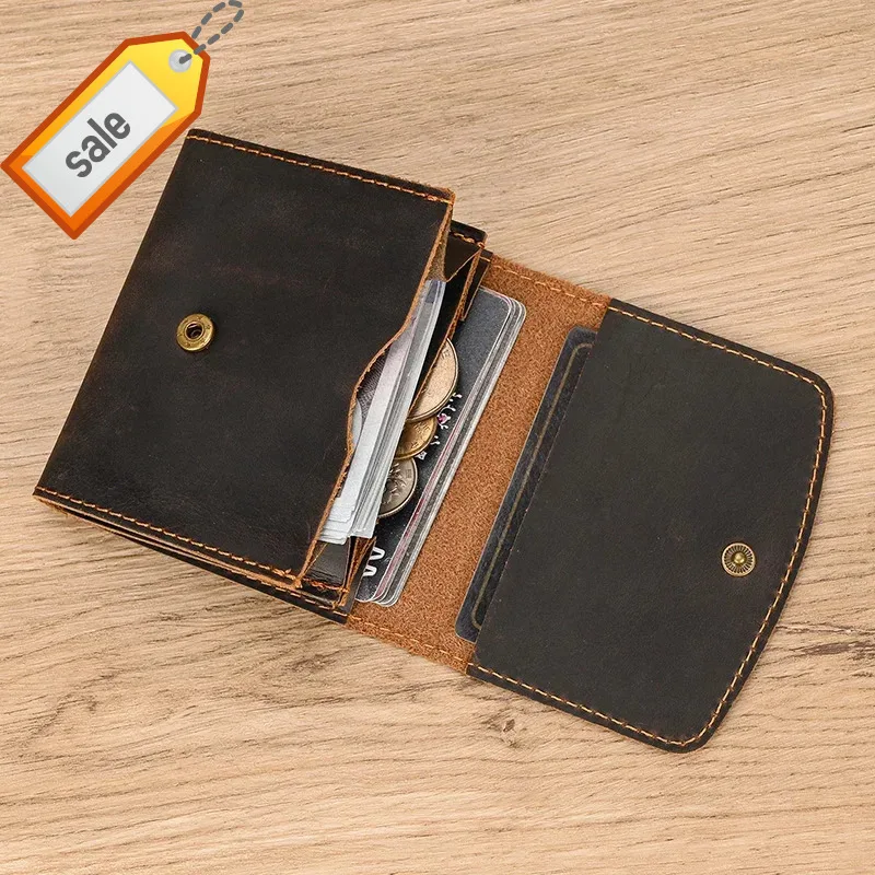 

Vintage Coin Wallet Crazy Horse Leather Short Retro Fashion Mini Purse Cowskin Men Wallets Dropshipping