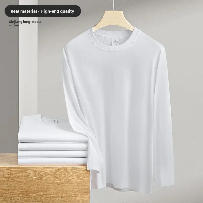 Autumn/winter Heavy Cotton Fleece Round Neck Long Sleeve T-shirt Loose Fit White Inner Base Layer Top Solid Color Fall Coat