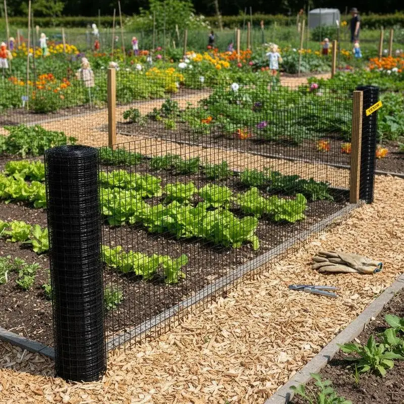 Metal Wire Mesh 24" x 50' 1" x 1" Grid For Vegetable Gardens Flower Beds Chicken Coops 16 Gauge Vinyl Coated Steel Welded Fencing Roll Black Includes Cutting Plier Fabric Gloves view 6