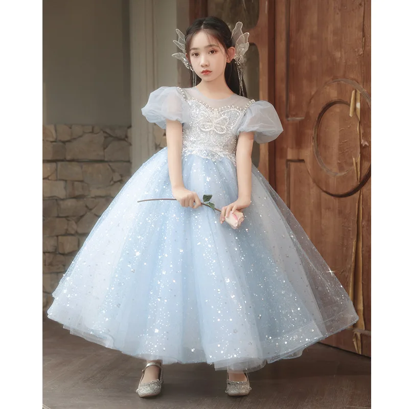 High end Girl Princess Dress Butterfly Pearl Beaded Blue 2024 Girl Wedding Dress Bridesmaid Children's Birthday Party Long Dress