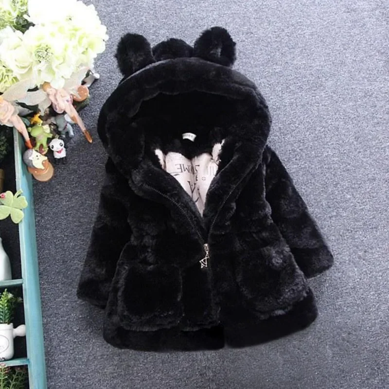 Autumn Winter Children\'s Coat Faux Fur Girls Clothes Fleece Jacket Warm Snowsuit Hooded Parka Solid Kids Outerwear ملابس خارجية