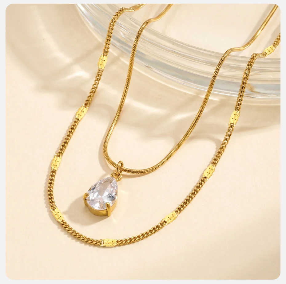 Vnox Trendige Doppelschichtige Halskette für Damen, 18K Vergoldet, Tropfenförmiger Zirkon, Runde Schlangenkette, Choker-Halskette, Y2K-Schmuck – Detail 5
