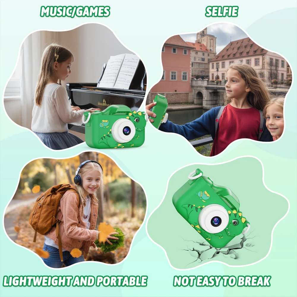 어린이 카메라 1080HD 어린이용 디지털 카메라 실리콘 보호 케이스 포함 공룡 장난감 카메라 생일 선물 소년용 3-6세
