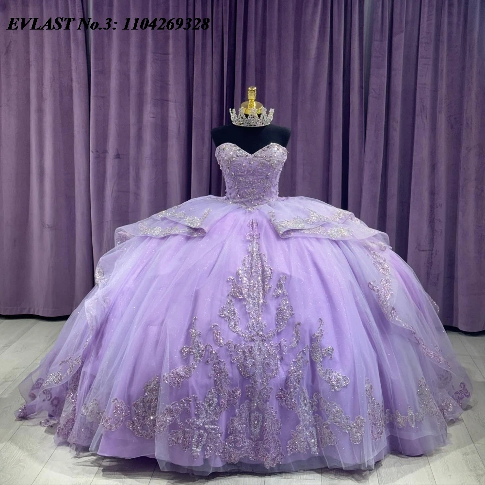 

EVLAST блестящее сиреневое платье Quinceanera по индивидуальному заказу, бальное платье с кружевной аппликацией и бисером, многоуровневое милое платье 16, Vestidos De 15 Anos E3Q539