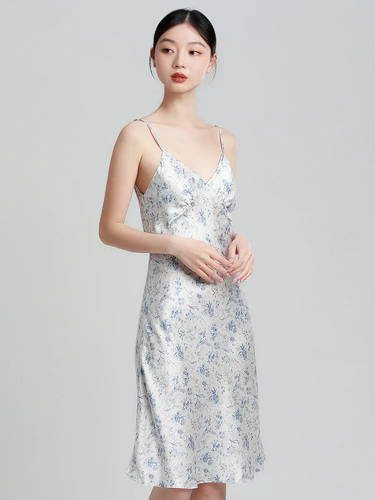 Floral 100% Mulberry Silk Camisole Sleepwear Women's Sexy Satin Pajamas Nightdress Luxury Nightgown Chemise V Neck Mini Lingerie
