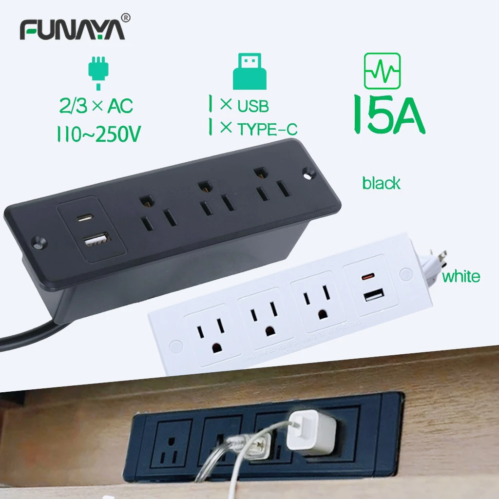 FUNAYA Built-in Furniture Table Socket US Plug with USB Type-c PD Recessed Desktop Hidden Extension electric Sockets 110 220V