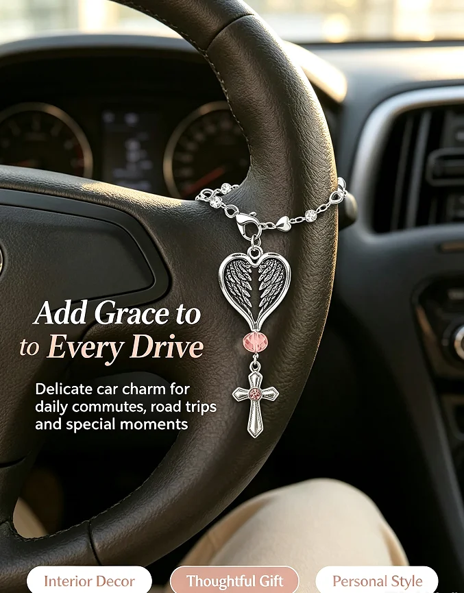 2Pcs Silver Guardian Heart Wing Cross Charms, Elegant Car Rearview Mirror Hanging Ornaments, Bag Backpack Pendant Auto Interior