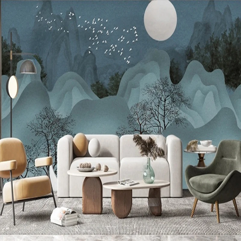 New Chinese-style Creative abstract line landscape TV sofa background wall painting Mountain Nature Scenery Living Room Office