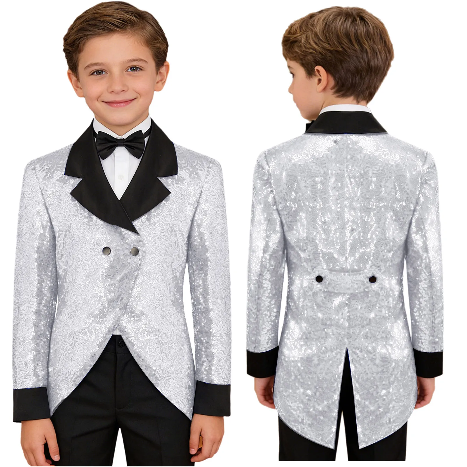 Boys Long Sleeve Shiny Sequin Blazers Gentleman Tuxedo with Bowtie for Wedding Dancing Party Circus Magic Shows Prince Cosplay