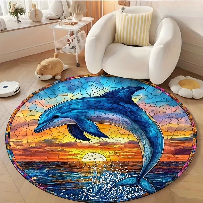Colorful Mosaic Dolphin Sunset Sea Circular Area Rug Vintage Stained Glass Art Print Anti Slip Round Doormat Beach Style  Rug