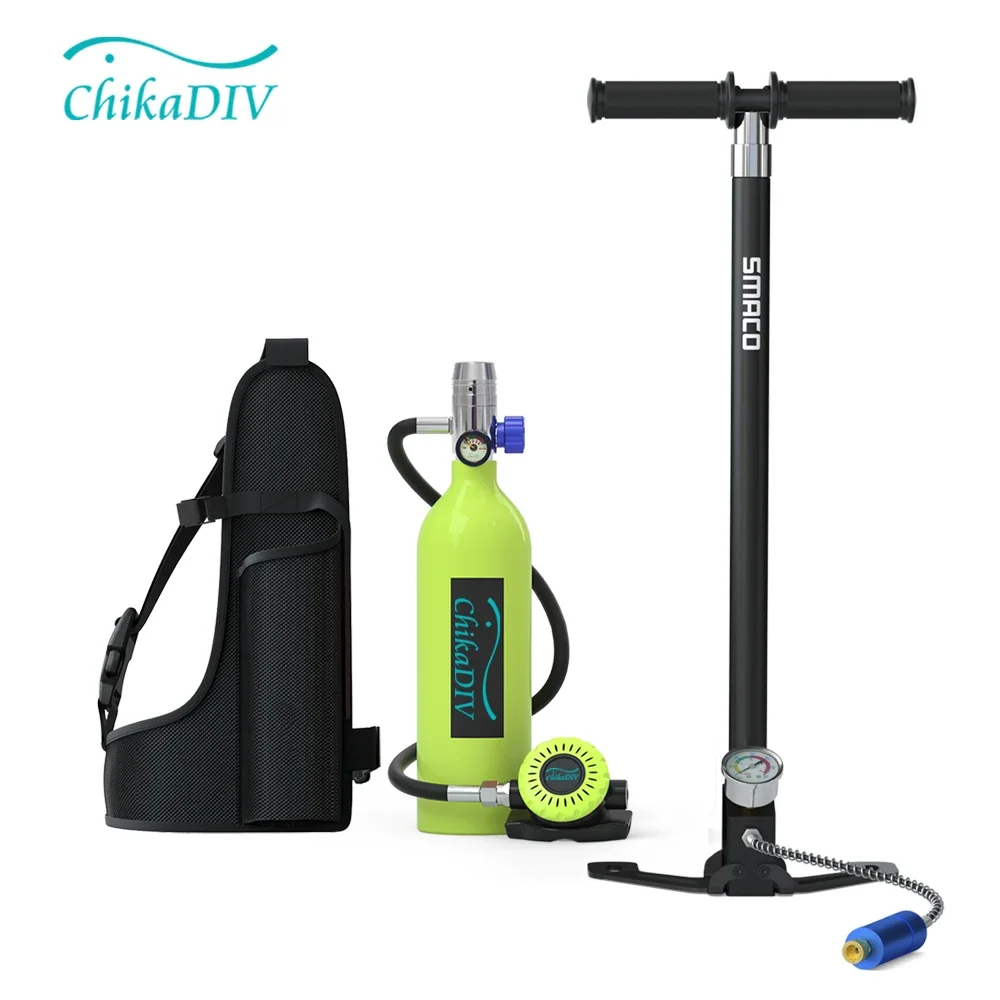 Chikadiv 1L Mini Scuba Diving Equipment Portable Oxygen Cylinder Hand Pump for Snorkeling Underwater Breath Gear Set