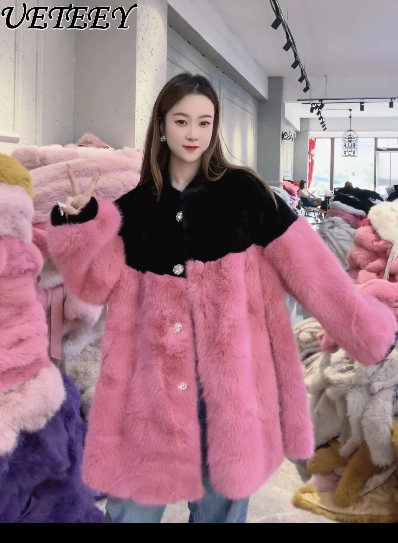 Autumn Winter New Fashion Color-Block Loose Long Sleeve Faux Fur Coat Versatile Korean Style Single-Breasted Jacket for Women