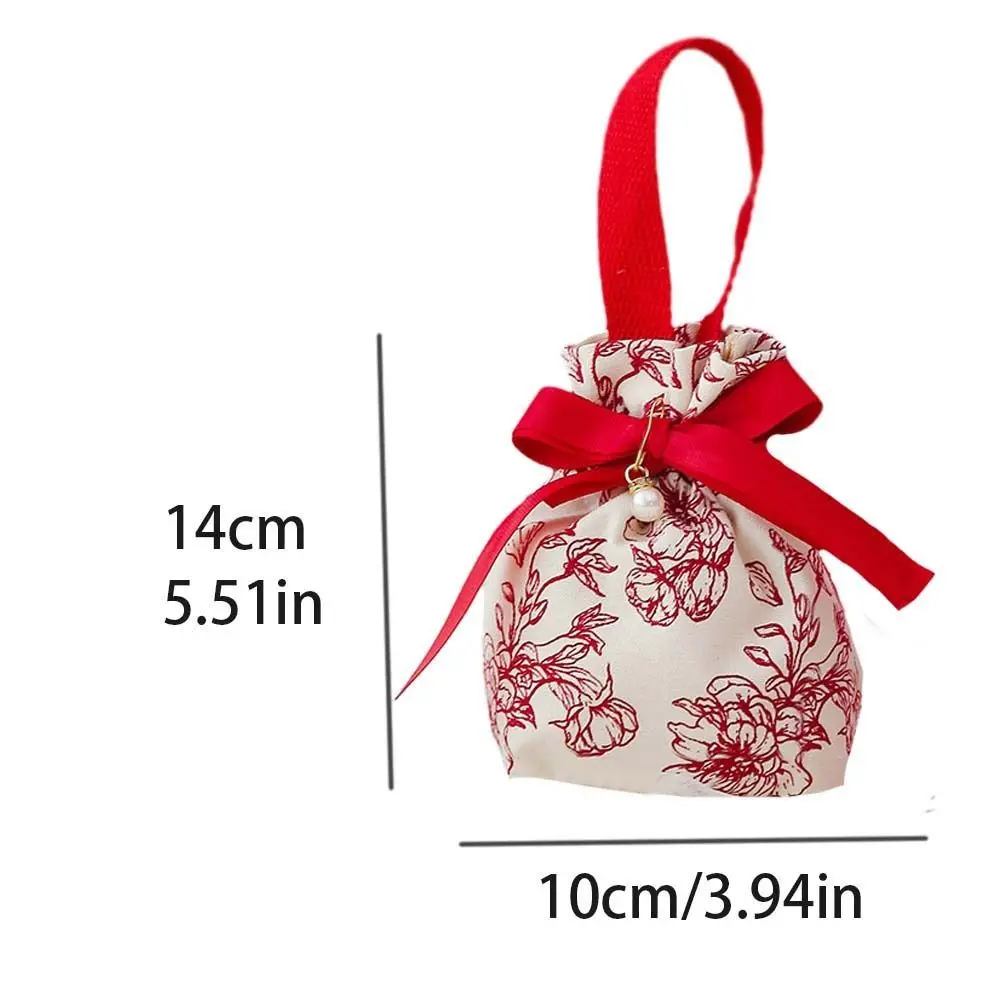 Bolso con cordón Floral de lona con colgante de perlas, gran capacidad, estilo coreano, lazo, flor, muñeca, bolsa de dulces de boda, monedero, billetera