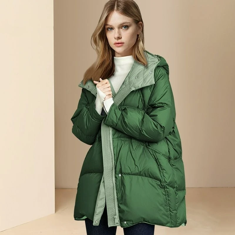 

High-end Light Luxury Fashionable Hooded Down Jacket for Women 2026 Winter New Style White Duck Down Warm Coat Mid-length Style