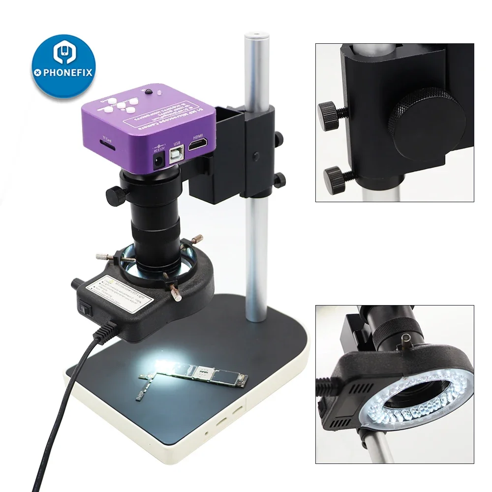 51MP 1080P 2K HDMI USB Digital Industrial Video Microscope Camera C-Mount Lens 40 LED Light for Watch Jewelry IC Repair