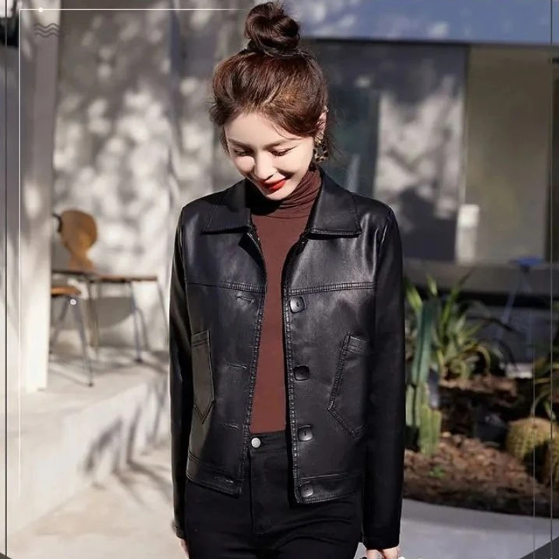 

​2025 Spring Autumn Women's Leather Jacket Short Sleeve Versatile Zip Up Coat Casual Motorcycle​