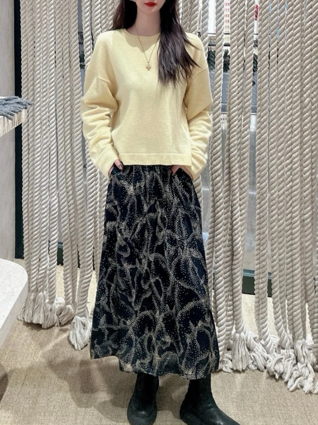 

Spring Summer 2026 Retro High Waist A-Line Midi Skirt Slimming f-length Polyester Casual Print Zipper for Ladies