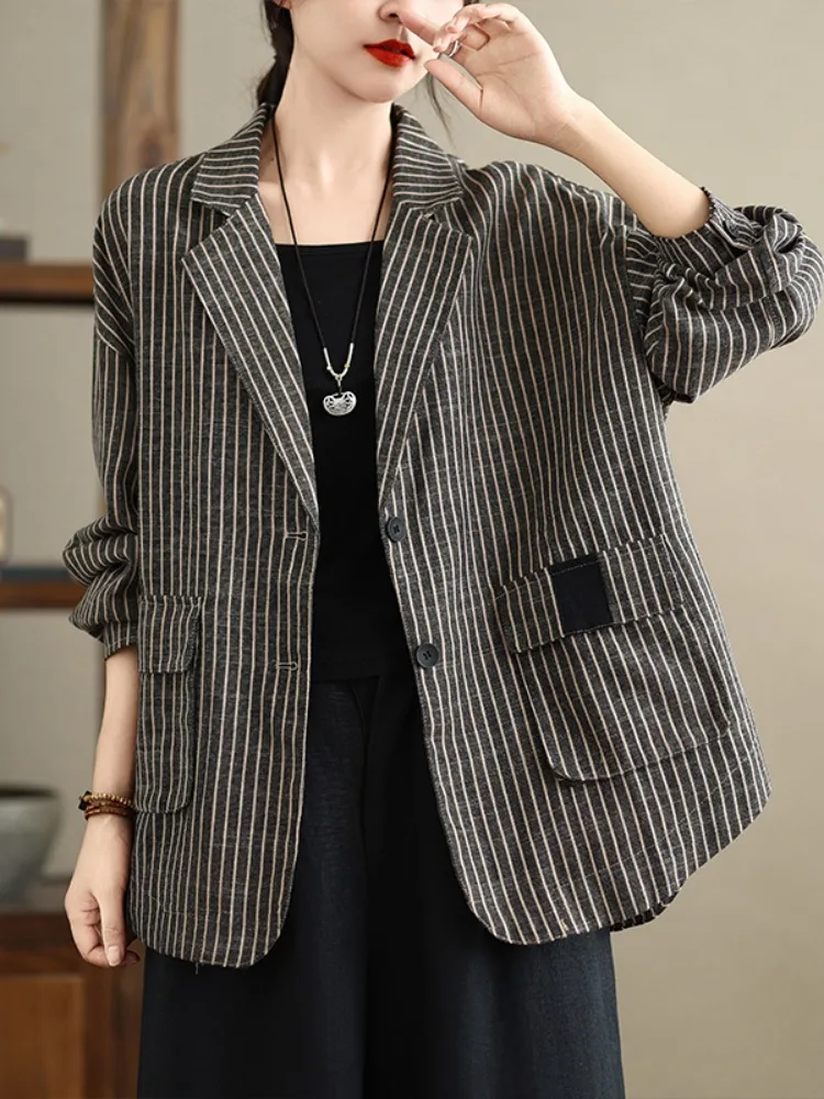 

plus Size Striped Cotton Linen Suit Jacket Women's Spring Autumn Loose Slimming Long Sleeve Open Cardigan Top for plus Size