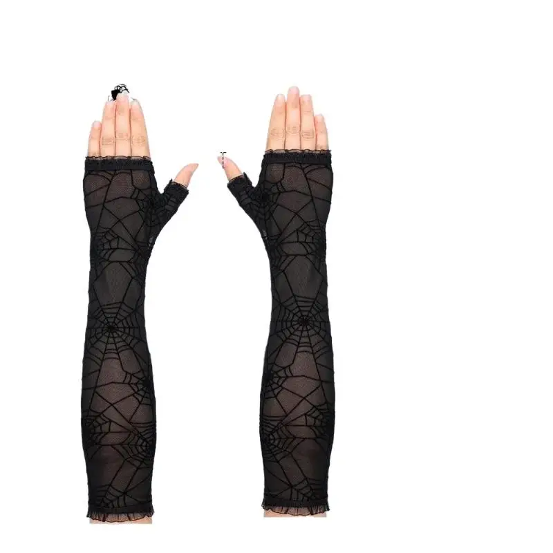 Fancy Thin Halloween Gloves Gothic Lolita Spider Web Gloves Long Half-Finger Mesh Mitten Cosplay