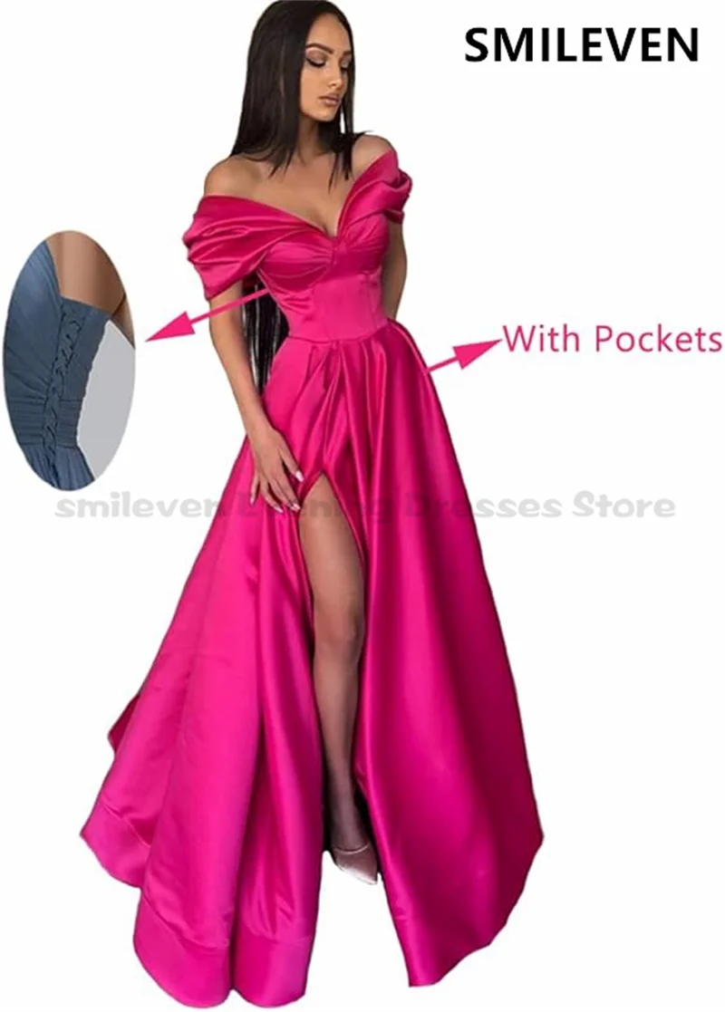 Smileven Hot Pink Formal Evening Dress Satin Off The Shoulder Side Split New Celebrity Party Gowns Floor Length Prom Dress 2022