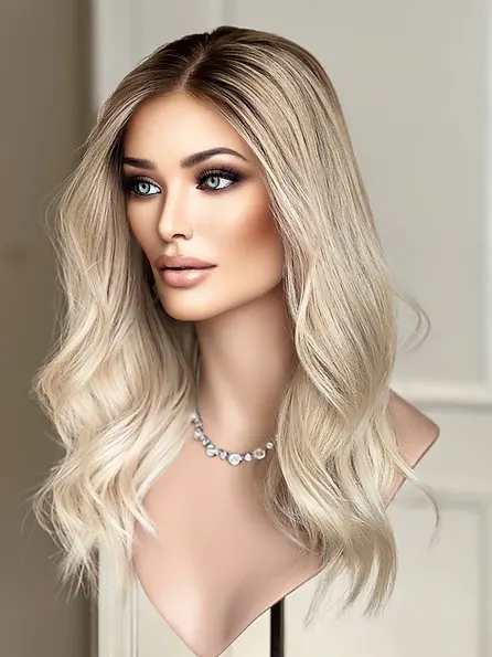 Bouncy 18 Inches Creamy Blonde Shadow Roots Synthetic Lace Frontal Wigs 180% High Density Realistic Look Natural Hairline Wigs