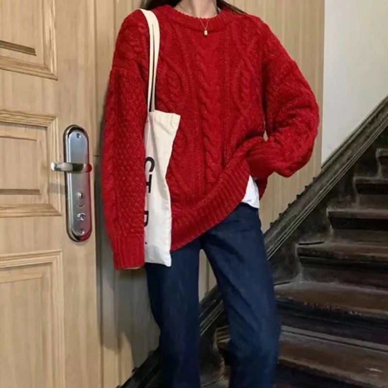 여성 니트 스웨터 코트 티엔드 루즈 레트로 트위스트 카메레 라운드 넥 풀오버 가을 겨울 아우터웨어 편안한 탑